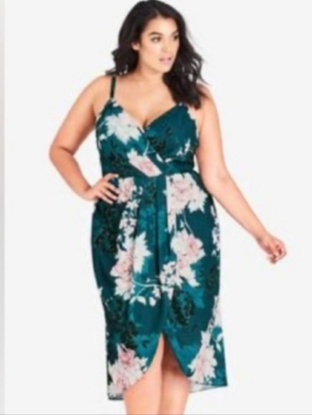 City Chic Teal Floral Wrap Midi Dress with Pink Blooms